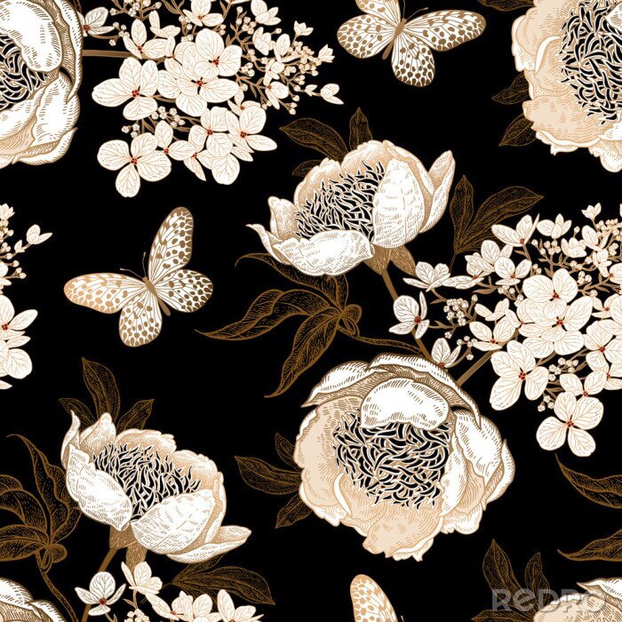 Poster Blütenblätter und Schmetterlinge in Brauntönen