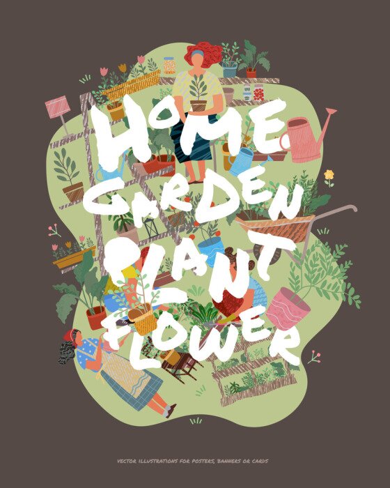 Poster Blumen Rabatten und Frauen bunte Grafik