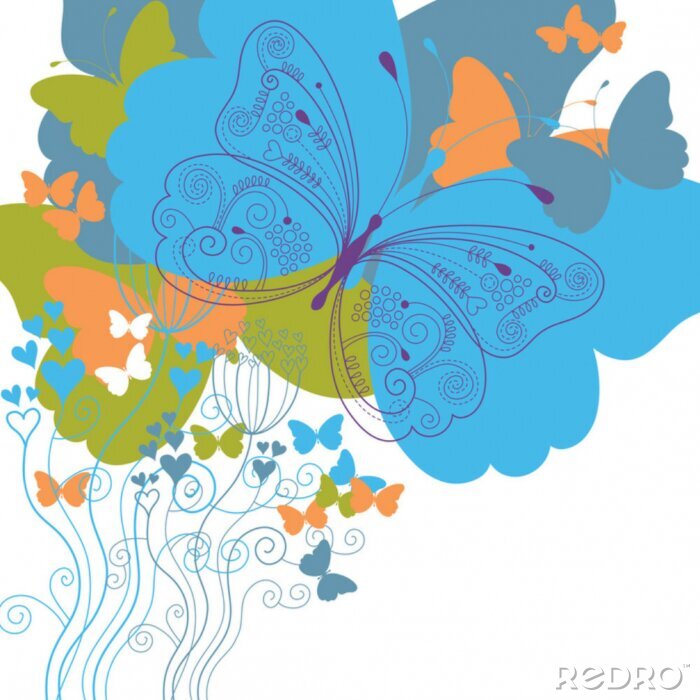 Poster Blumen und große Schmetterlinge