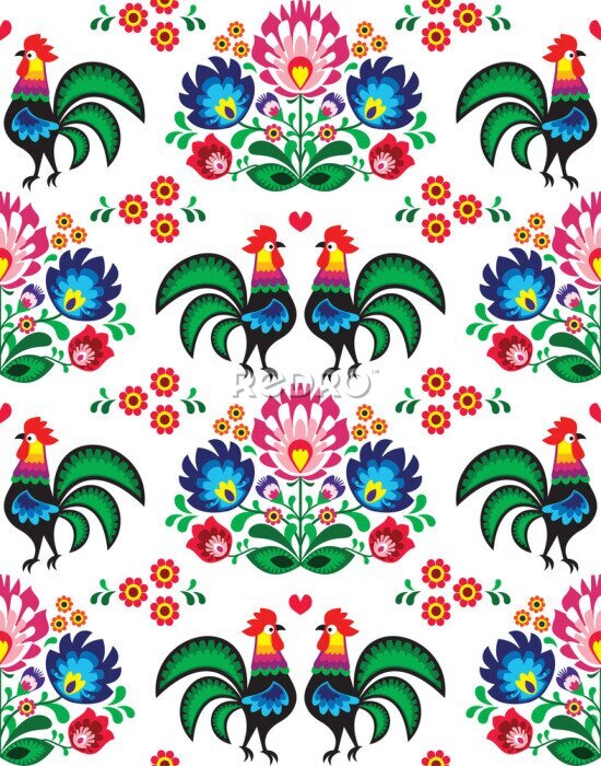 Poster Blumen und Hähne auf weißem Grund im Łowicz-Stil