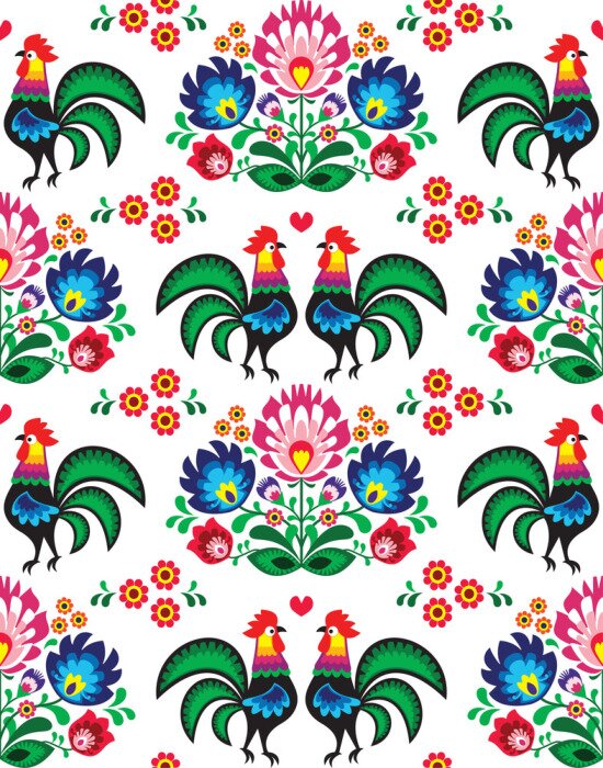Poster Blumen und Hähne auf weißem Grund im Łowicz-Stil