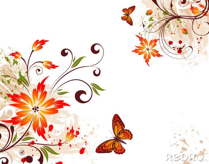 Poster Blumen und Schmetterlinge auf einer Illustration