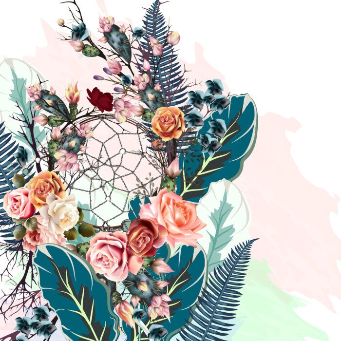 Poster Blumen Vintage mit Boho-Traumfänger