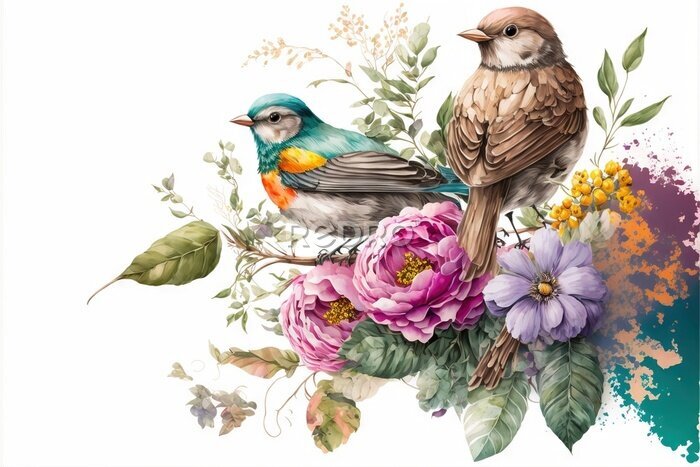 Poster Blumendickicht mit Vögeln