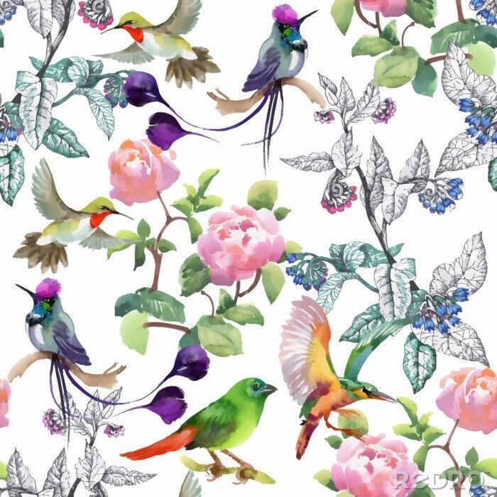 Poster Blumenmuster mit Vögeln