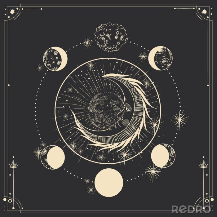 Poster Boho-Illustration mit Mondphasen