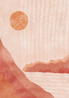 Boho Print. Abstract Clifs with Sea Background. Terracotta Poster. Abstract Arrangements. Landscapes, mountains. Posters. Terracotta, blush, pink, ivory, beige watercolor Modern print set. Wall art