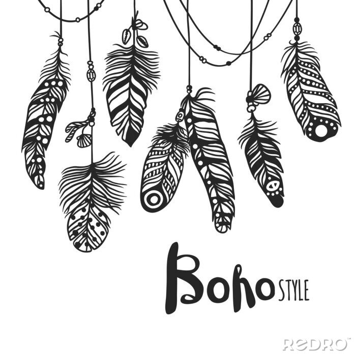 Poster Boho-Zeichnung mit hängenden Federn