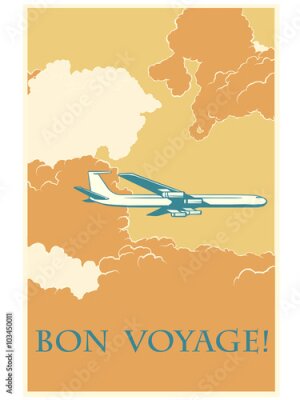 Poster Bon Voyage-Schriftzug und ein Retro-Flugzeug zwischen den Wolken