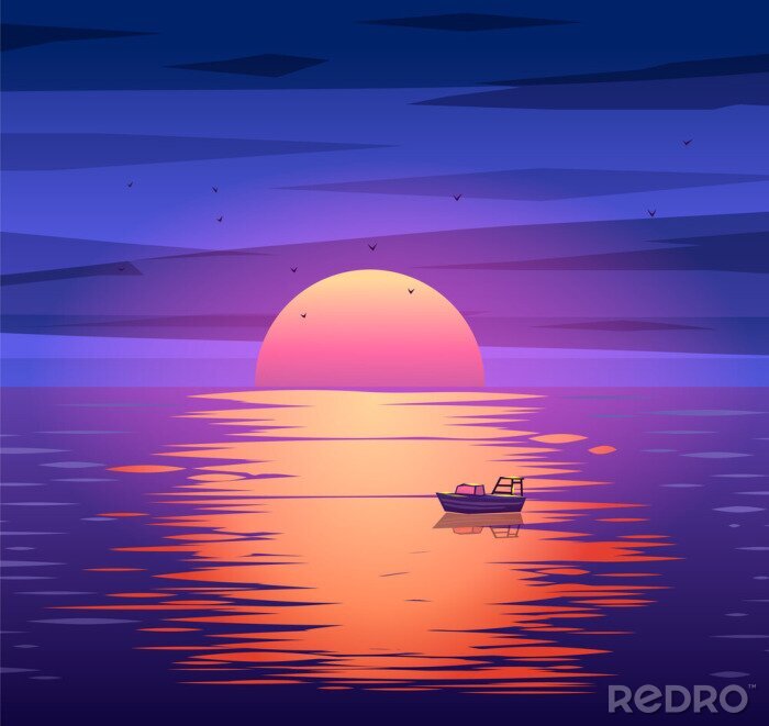 Poster Boot vor dem Hintergrund der untergehenden Sonne