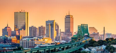 Poster Boston Stadtpanorama und Brücke bei Sonnenuntergang