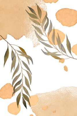 Poster Botanical art with abstraction elements in beige tones. Creative hand drawn texture with eucalyptus branch and leaves wall composition. Background for letterheads, business cards, postcards.
