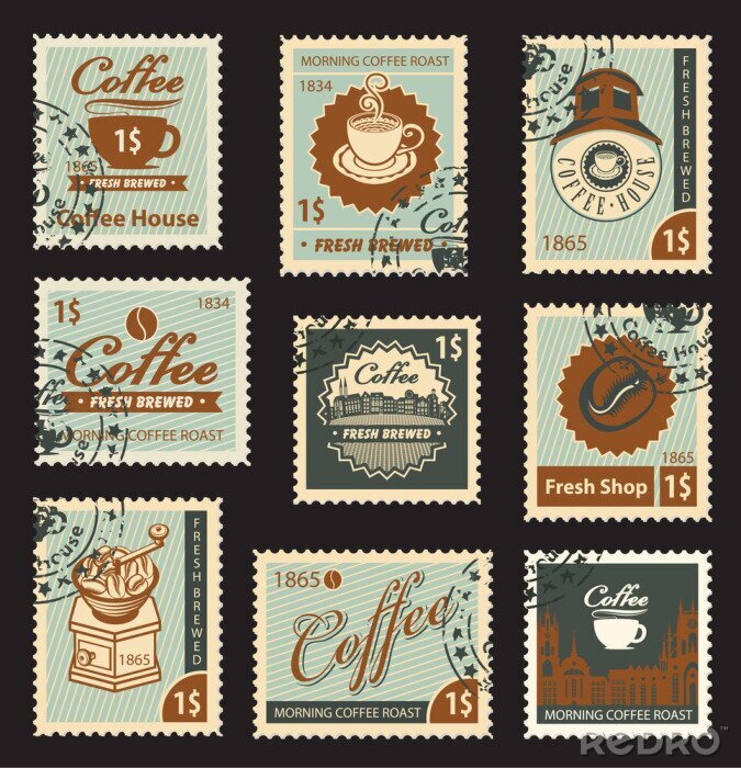 Poster Briefmarken mit Küchenillustrationen