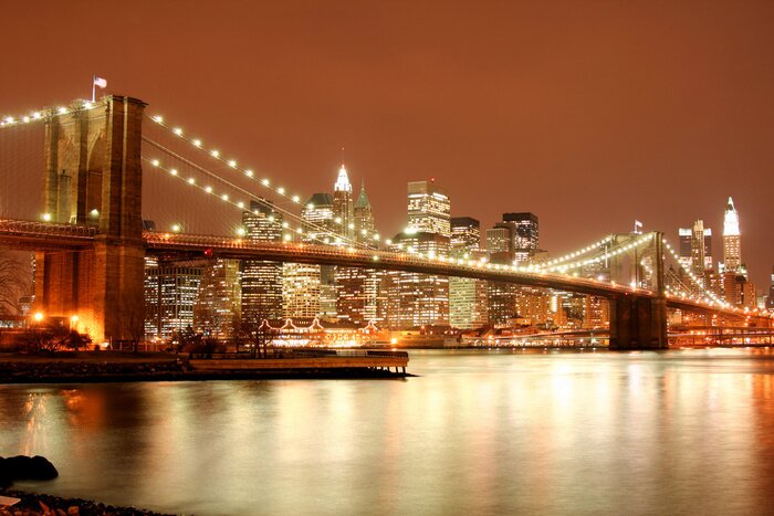 Poster Brooklyn und Manhattan Bridge bei Nacht