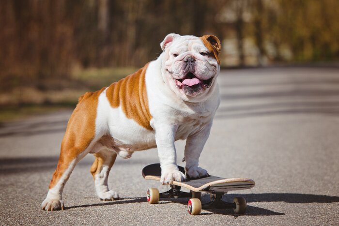 Poster Bulldogge Hund auf Skateboard
