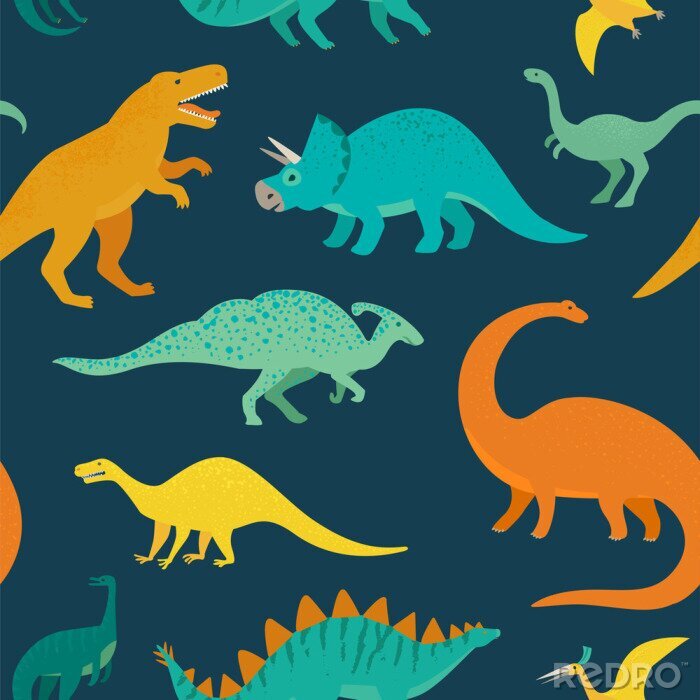 Poster Bunte Dinosaurier auf einem dunkelblauen Hintergrund