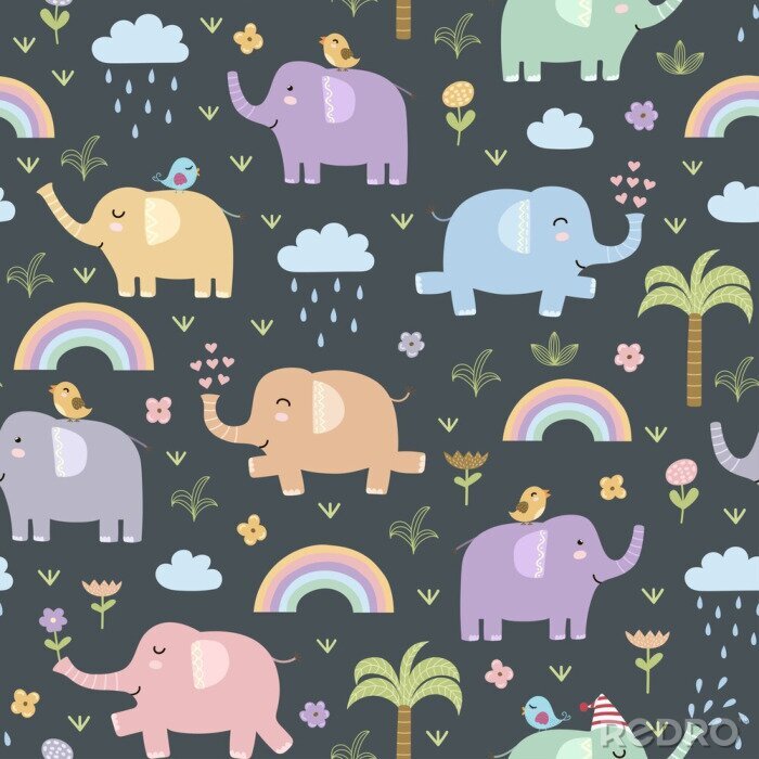 Poster Bunte Elefanten, Blumen, Regenbögen und Wolken