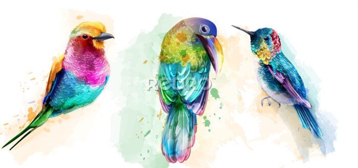 Poster Bunte exotische Vögel mit Aquarellfarben gemalt