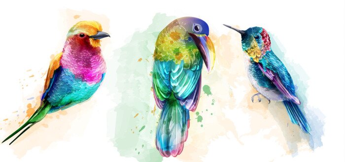 Poster Bunte exotische Vögel mit Aquarellfarben gemalt