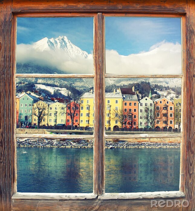 Poster Bunte gebäude hinter fenster