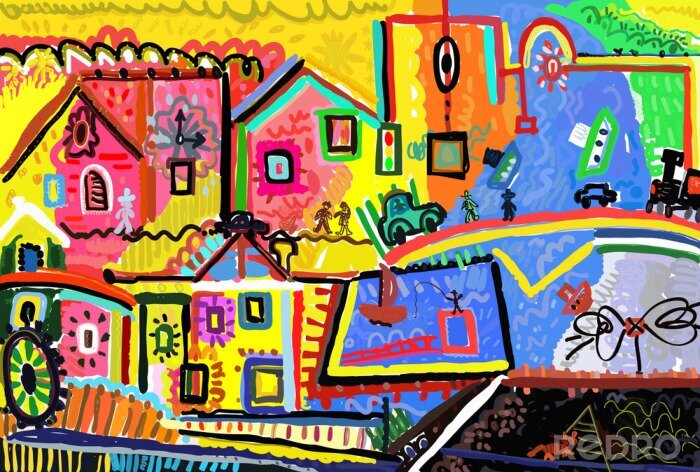 Poster Bunte gemalte abstrakte Kleinstadt