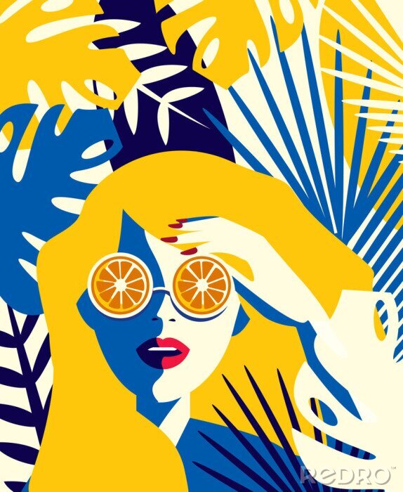 Poster Bunte Gravur mit einer Frau mit orangefarbener Brille