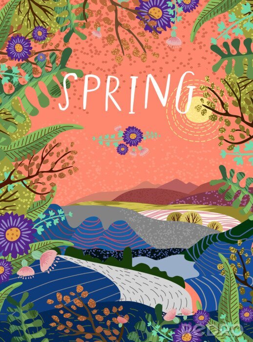Poster Bunte Illustration mit Frühlingswiese
