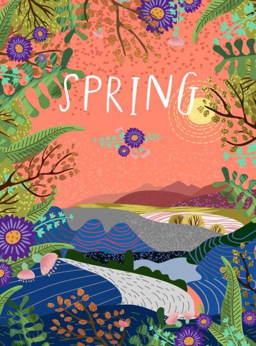 Poster Bunte Illustration mit Frühlingswiese