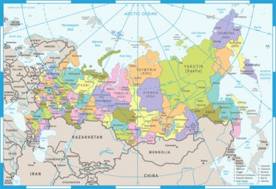Bunte Karte von Russland mit eingezeichneten Regionen
