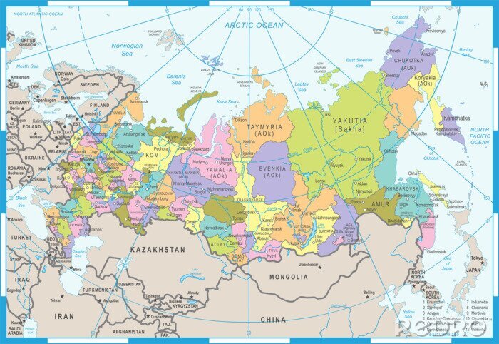 Poster Bunte Karte von Russland mit eingezeichneten Regionen