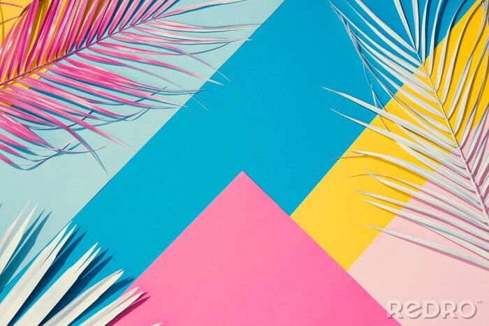 Poster Bunte Palmenblätter auf einem farbenfrohen Hintergrund