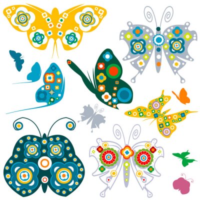Poster Bunte Schmetterlinge mit Blumen auf ihren Flügeln