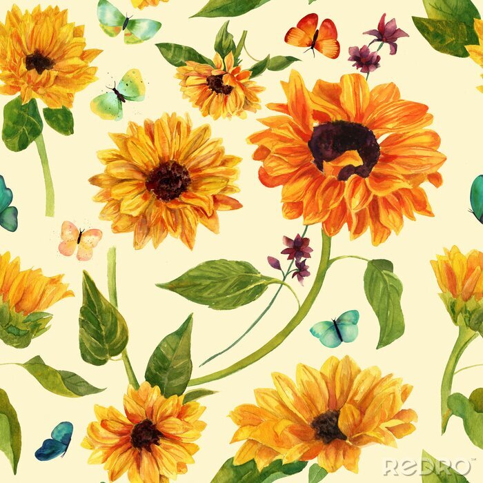 Poster Bunte Schmetterlinge und Sonnenblumen