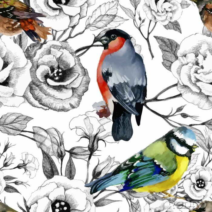 Poster Bunte Vögel und schwarz-weiße Blumen