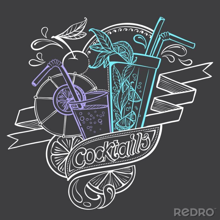 Poster Bunte Zeichnung mit Getränken auf dunklem Hintergrund