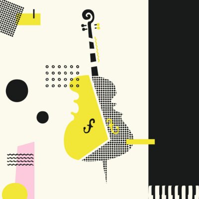 Bunter Hintergrund der Musik mit Violoncello lokalisierte Vektorillustration. Geometrisches Musikfestivalplakat, kreatives Cello Design