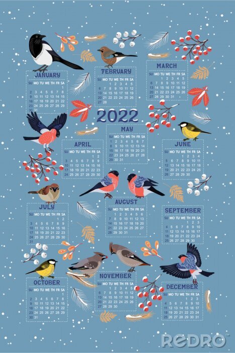Poster Bunter Kalender mit Vogel