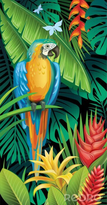Poster Bunter Papagei mit Dschungel im Hintergrund