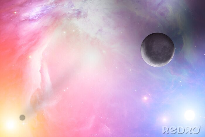 Poster Bunter Sonnenaufgang und Planeten