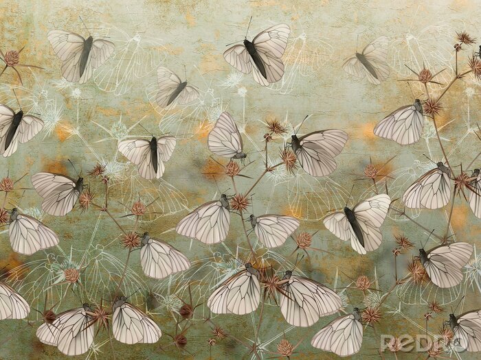 Poster Butterflies on thorns painted on the grunge green wall. Beautiful design for postcard, card, picture, mural, wallpaper, photo wallpaper.