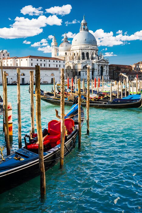 Poster Canal Grande in Venedig, Italien, mit bunten Gondel Boote