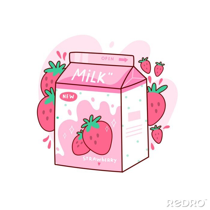 Poster Carton of tasty strawberry milk. Japanese style packaging design. Asian product. Hand drawn colored trendy vector illustration. Kawaii anime design. Cartoon style
