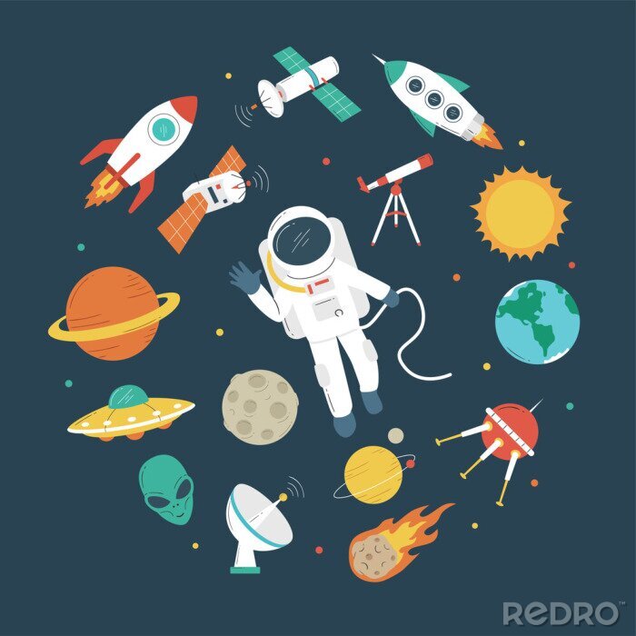 Poster Cartoon-Astronaut, der dem Betrachter zuwinkt
