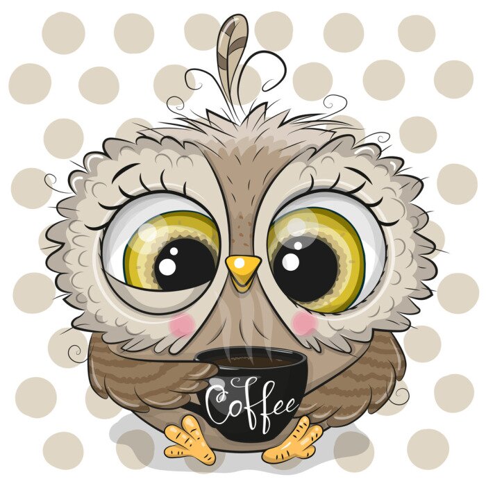 Poster Cartoon owl with black Cup of coffee