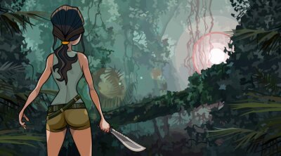 Poster cartoon woman with machete in the rainforest