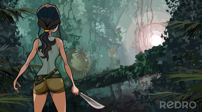 Poster cartoon woman with machete in the rainforest