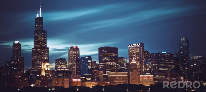 Poster Chicago Panorama der Stadt bei Nacht