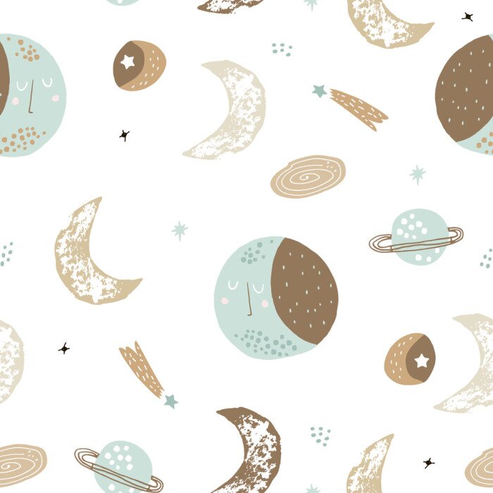 Poster Childish seamless pattern with hand drawn space elements space, moon, star, planet, galaxy. Trendy kids vector background.