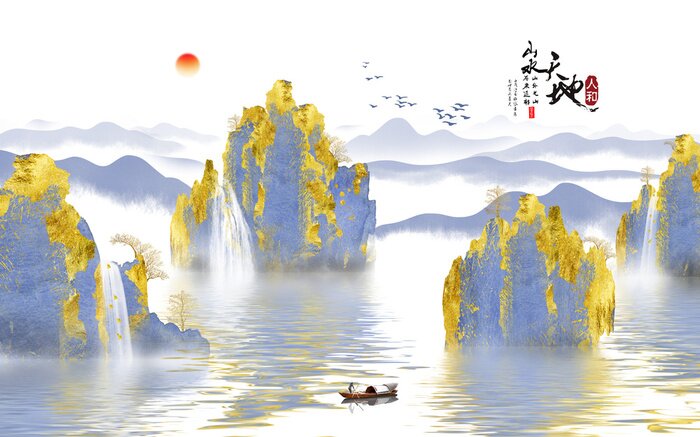 Poster Chinesische Landschaft mit goldenen Hügeln