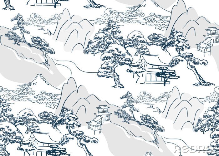 Poster chinesisches lanscape japanisches vektormuster orientalisches mountais nahtlos
